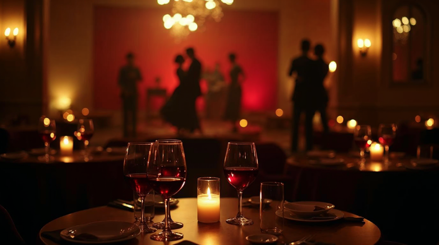 Mesas con velas y copas de vino tinto en casa de tango con bailarines al fondo
