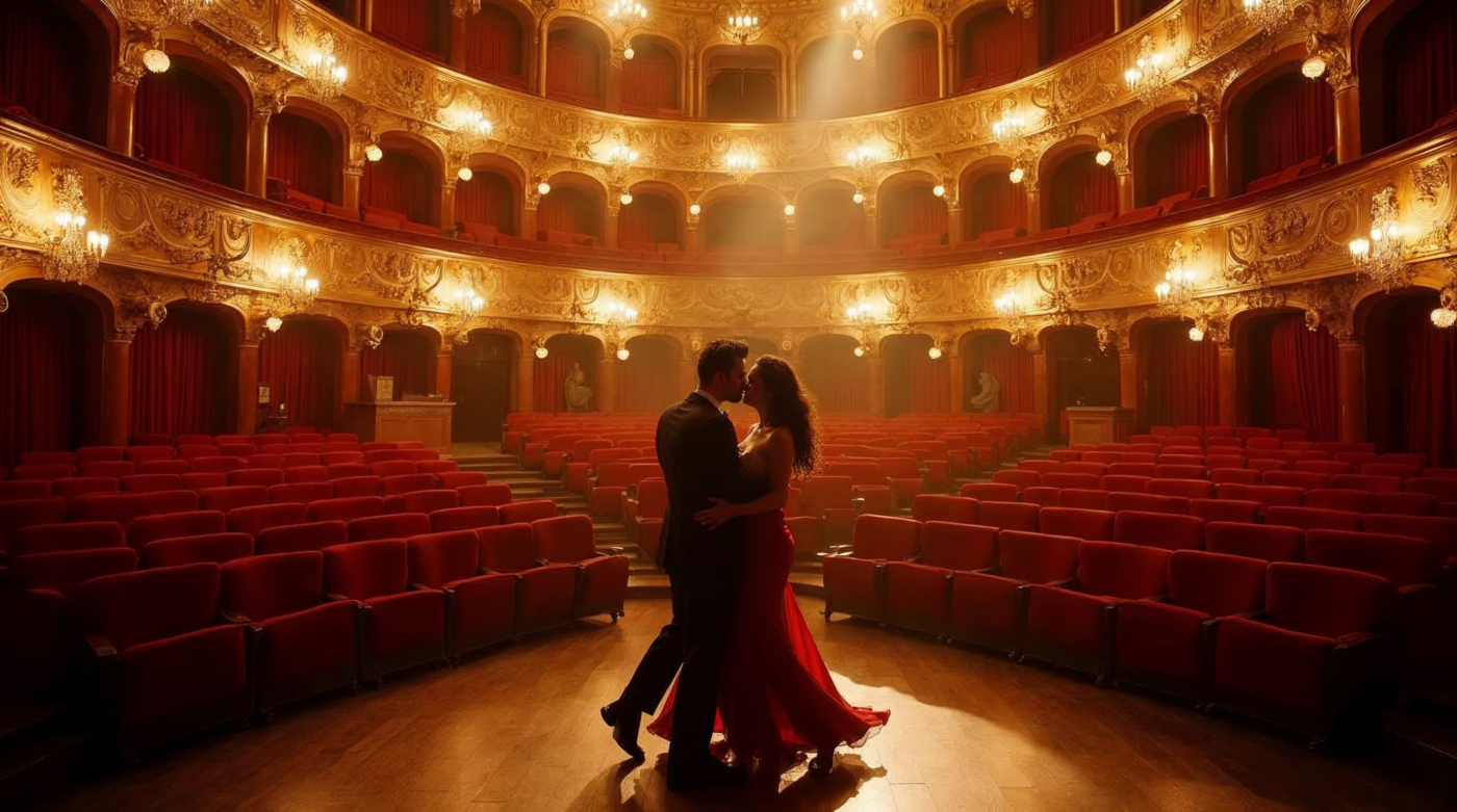 Comparación visual entre opulento teatro lírico estilo Colón y escenario de tango show